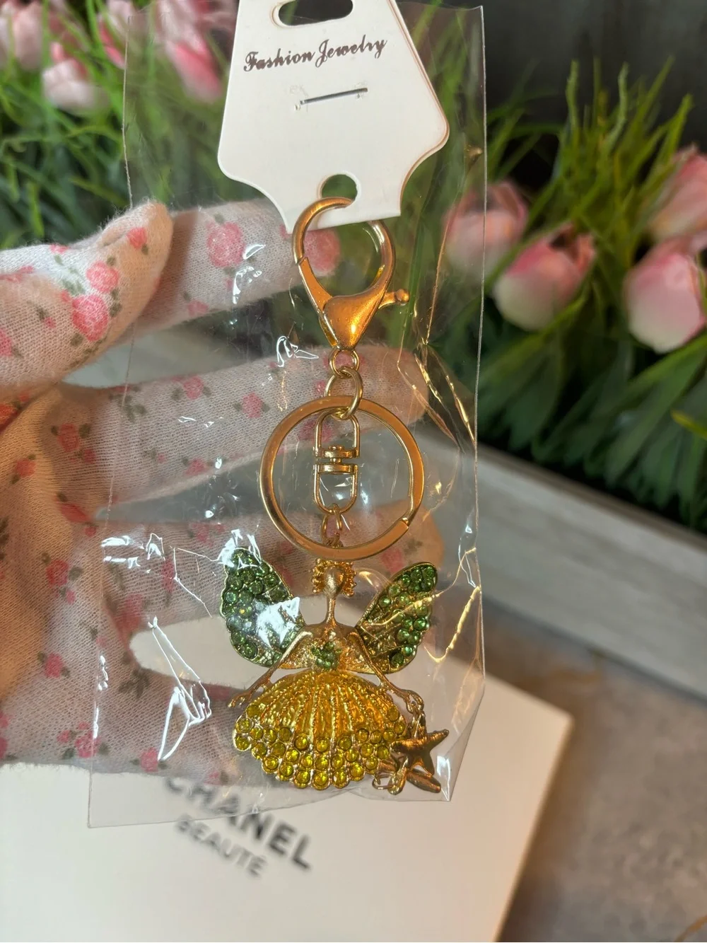 Fashion Jewelry Gold-Tone Fairy 🧚 Bag Charm-keychain with Green and Yellow